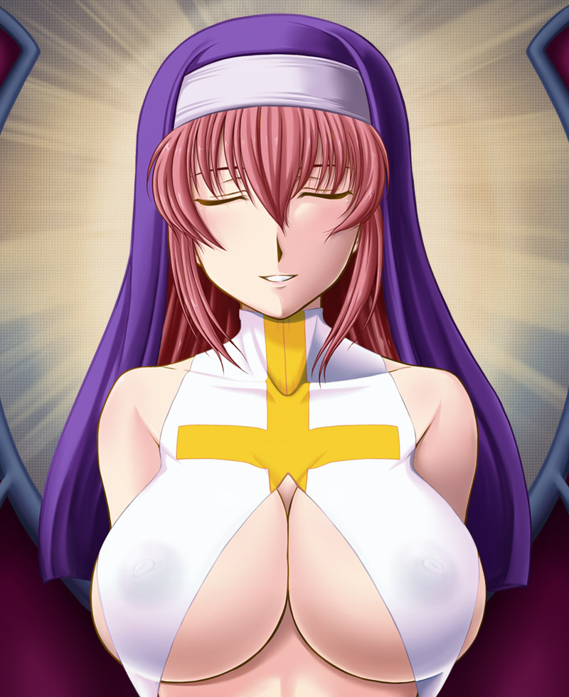 abriel00, clarice di lanza, aq interactive, arcana heart, arcana heart 2, atlus, examu, habit, 1girl, breasts, cleavage, closed eyes, cross, female focus, large breasts, long hair, midriff, nipples, no bra, nun, pink hair, red hair, see-through clothes, smile, solo, underboob