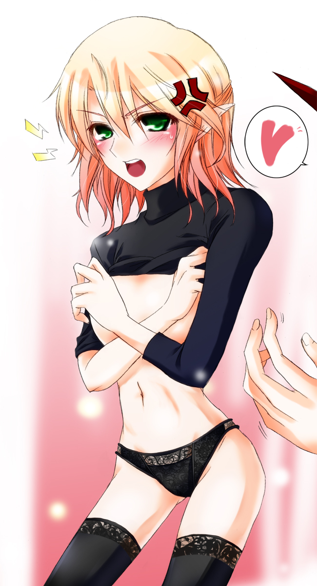 hazuki kasane, hoshiguma yuugi, mizuhashi parsee, touhou, commentary request, highres, 2girls, anger vein, black panties, black shirt, black thighhighs, blonde hair, blush, breasts, clothes lift, fingernails, half updo, heart, horns, lace, lace-trimmed thighhighs, lace panties, lace trim, looking at viewer, medium breasts, multiple girls, navel, no bra, open mouth, panties, pink background, pointy ears, red horns, shirt, shirt lift, short hair, solo focus, spoken heart, thighhighs, underwear