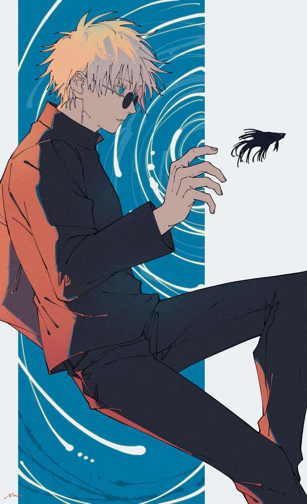 mim (mimya0600), gojou satoru, jujutsu kaisen, commentary, highres, 1boy, animal, black pants, black shirt, blue eyes, collared shirt, colored eyelashes, feet out of frame, fish, from side, long sleeves, looking ahead, male focus, pants, parted lips, profile, rimless eyewear, round eyewear, shirt, siamese fighting fish, solo, sunglasses, teeth, white hair