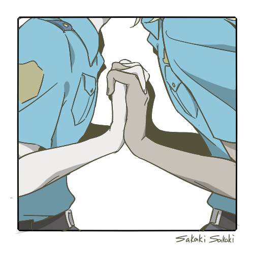 akutsu mabu, niiboshi reo, sarazanmai, commentary request, 2boys, blue shirt, collared shirt, head out of frame, holding hands, implied yaoi, male focus, multiple boys, polaroid photo, police, police uniform, sakaki (1753893), shirt, signature, simple background, tan, white background