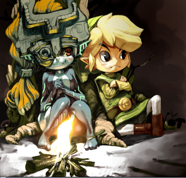 koki (ryoushikiha), link, midna, toon link, nintendo, the legend of zelda, the legend of zelda: twilight princess, 1boy, 1girl, campfire, smile