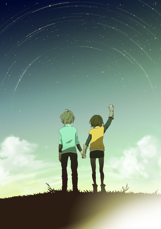 name (pixiv), name (sh), original, bad id, bad pixiv id, 1boy, 1girl, brown hair, cloud, couple, gloves, hetero, holding hands, short hair, sky, star (sky), star (symbol), starry sky