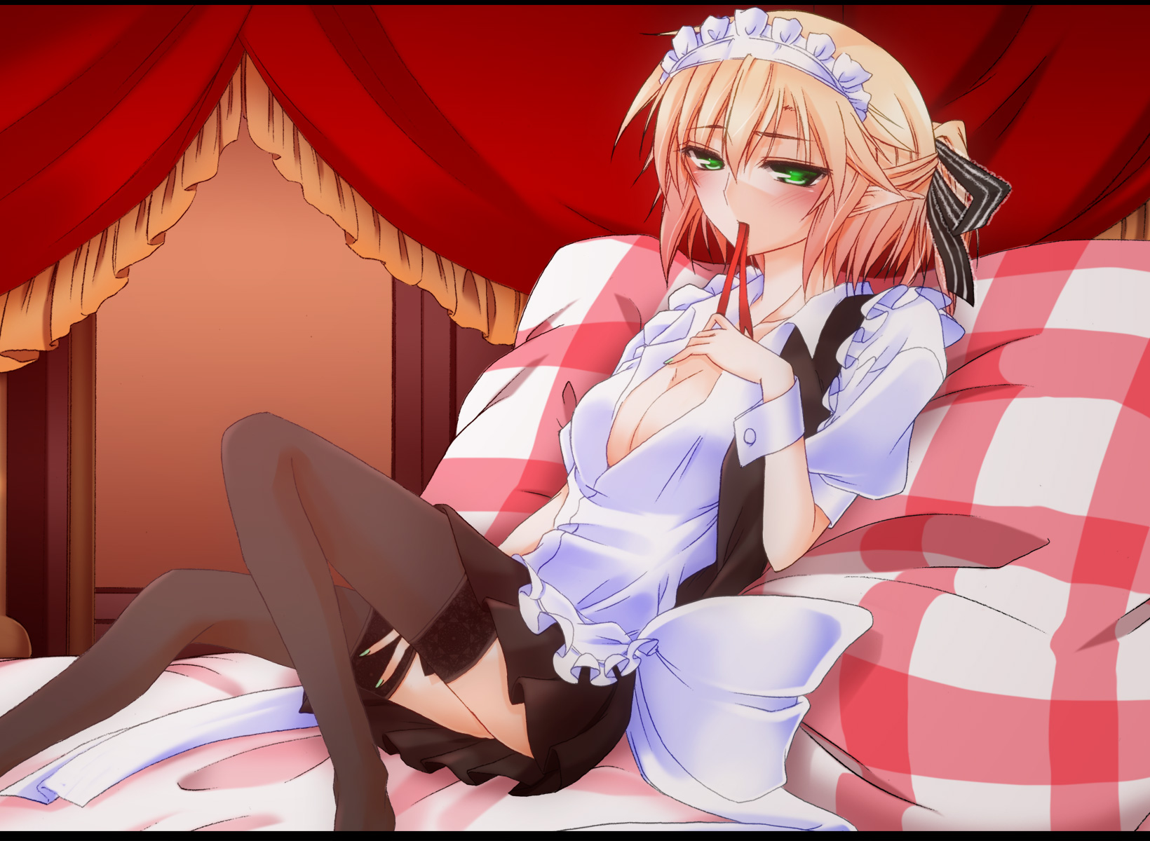 hazuki kasane, mizuhashi parsee, touhou, commentary request, highres, 1girl, alternate costume, bed, black dress, black thighhighs, blonde hair, blush, breasts, closed mouth, curtains, dress, enmaided, fingernails, full body, green eyes, green nails, half updo, indoors, lace, lace-trimmed thighhighs, lace trim, looking at viewer, maid, maid headdress, medium breasts, mouth hold, no bra, on bed, pillow, pinafore dress, pointy ears, shirt, short hair, sitting, sleeveless, sleeveless dress, solo, thighhighs, white shirt, wrist cuffs