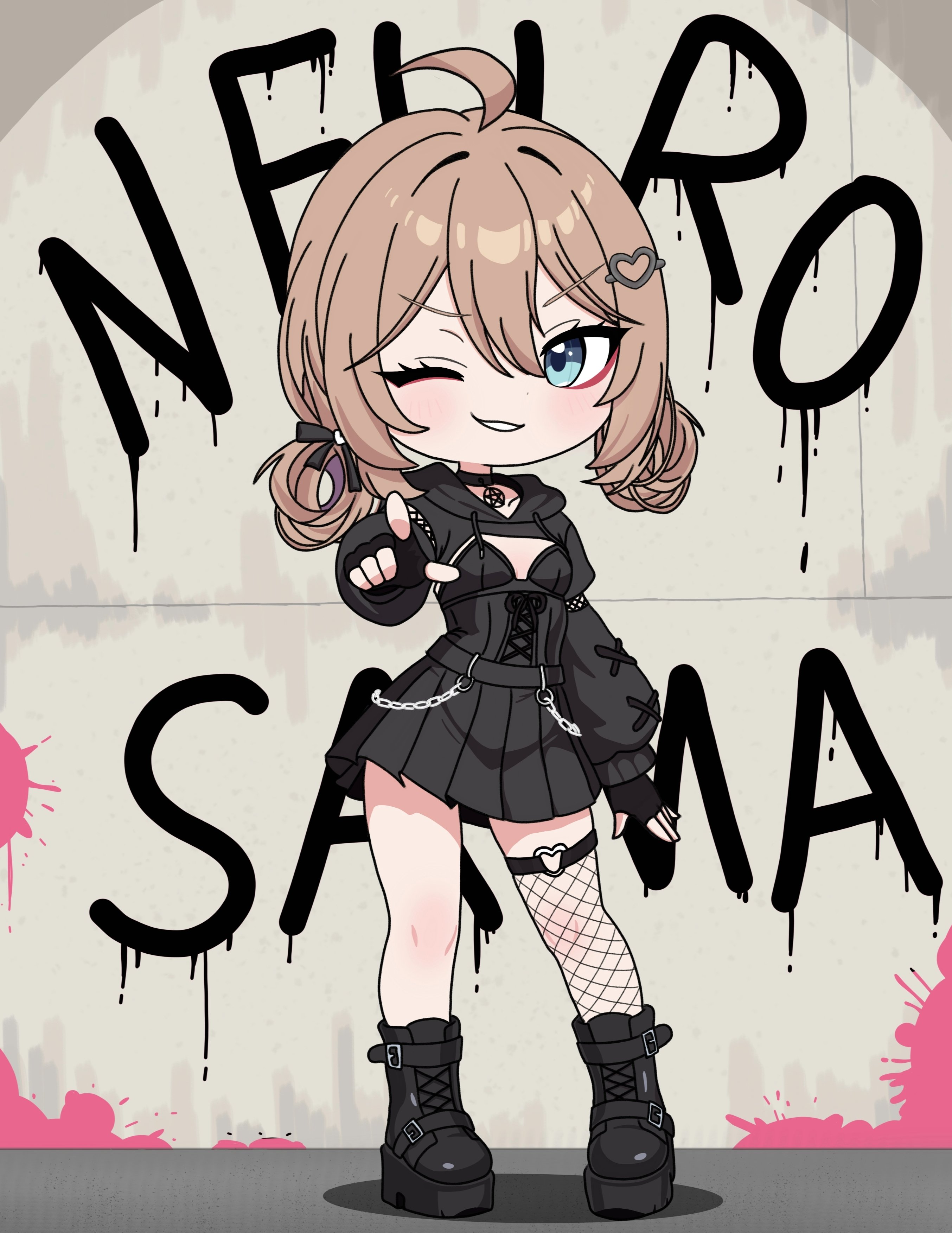 neuro-sama, absurdres, highres, 1girl, ahoge, belt, black boots, black bow, black gloves, black hoodie, boots, bow, brown hair, chain, choker, english text, fingerless gloves, gloves, hair ornament, hairclip, heart, heart hair ornament, hood, hoodie, looking at viewer, mantisprayer22, one eye closed, pointing, pointing at viewer, short hair, smile, standing, vedal ai, virtual youtuber