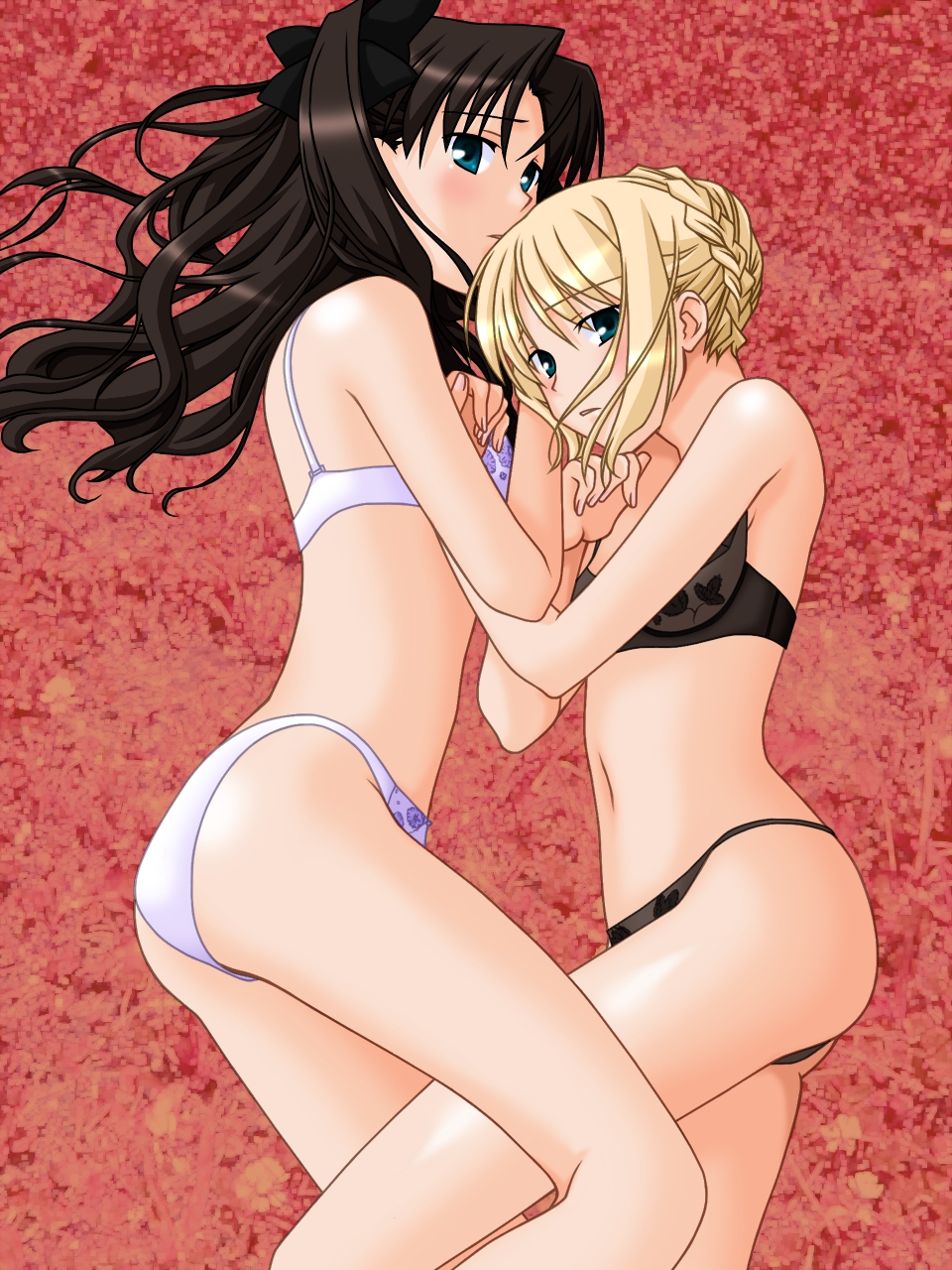 buzzer, count zero, artoria pendragon (fate), saber (fate), tohsaka rin, fate/stay night, fate (series), highres, 00s, 2girls, black hair, black panties, blonde hair, blue eyes, bra, female focus, green eyes, leg between thighs, lingerie, long hair, long legs, lying, multiple girls, navel, panties, underwear, underwear only, white panties, yuri