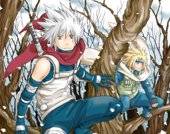 musasabi shirou, hatake kakashi, namikaze minato, naruto (classic), naruto (series), silver hair, 2boys, alternate costume, anbu, bare shoulders, bare tree, blonde hair, day, heterochromia, holding, holding behind back, in tree, looking at viewer, male focus, multiple boys, outdoors, plant, sheath, sheathed, snowing, spiked hair, tree, weapon, weapon on back, winter