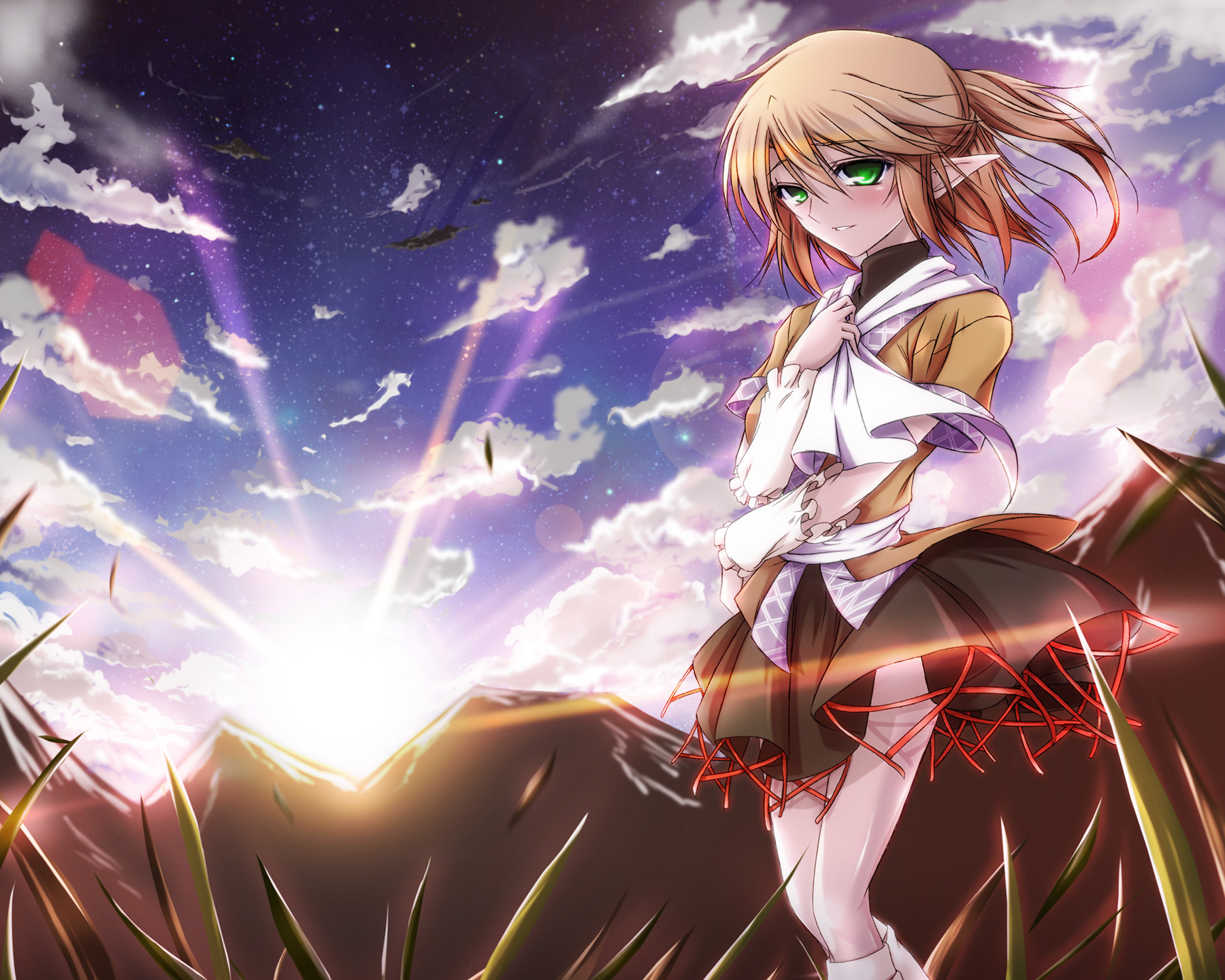 hazuki kasane, mizuhashi parsee, touhou, commentary request, highres, 1girl, arm warmers, black shirt, black skirt, blonde hair, blue sky, blush, brown shirt, cloud, feet out of frame, grass, green eyes, looking at viewer, mountainous horizon, outdoors, pointy ears, sash, scarf, shirt, short hair, short sleeves, skirt, sky, solo, star (sky), starry sky, sun, sunset, undershirt, white sash, white scarf