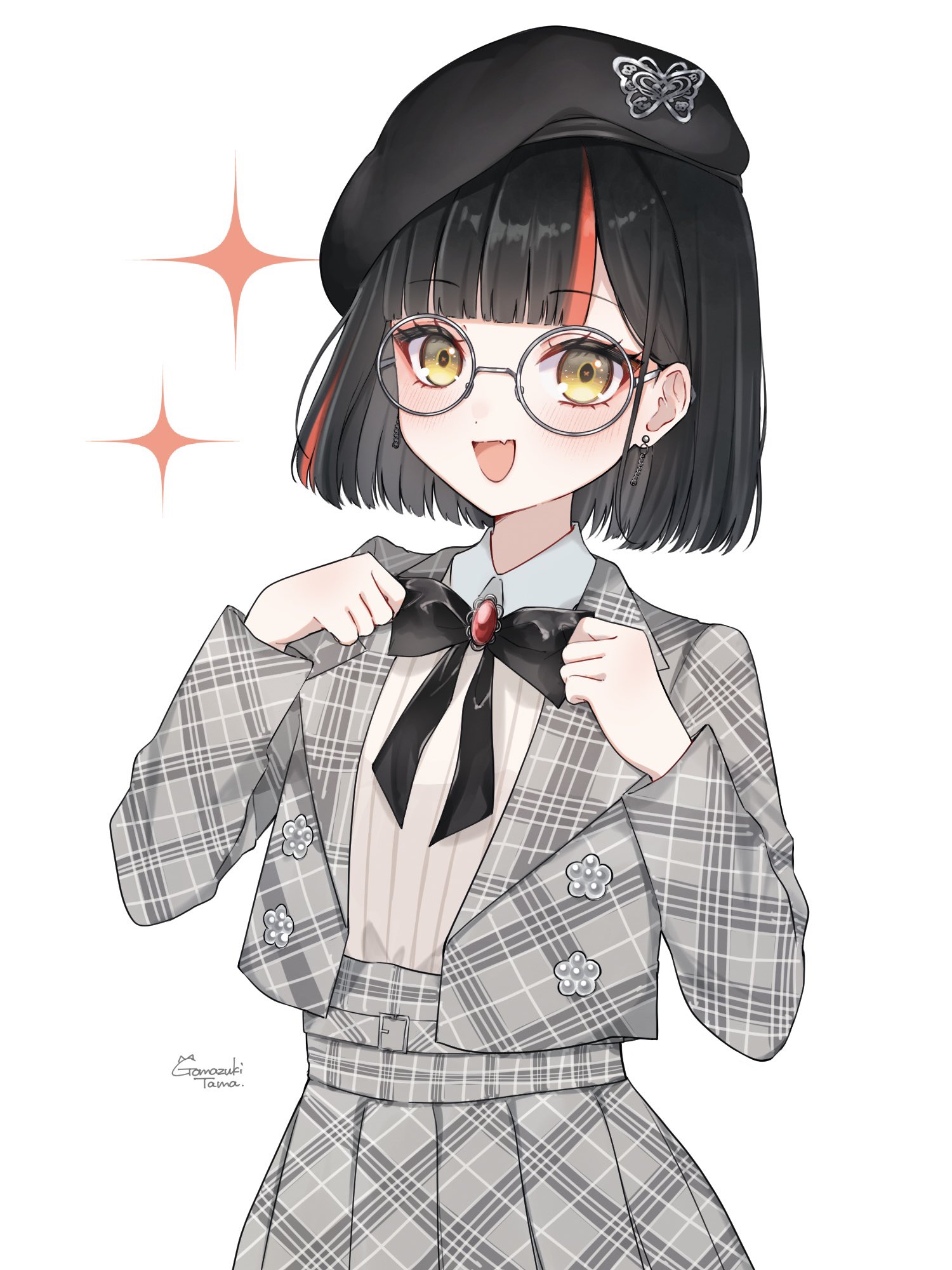tama 3355, choya hanabi, vspo!, hashtag-only commentary, highres, 1girl, :d, adjusting bowtie, artist name, beret, black bow, black bowtie, black hair, black hat, bow, bowtie, earrings, fang, glasses, grey-framed eyewear, grey jacket, grey skirt, hands up, hat, jacket, jewelry, long sleeves, looking at viewer, official alternate costume, open clothes, open jacket, open mouth, orange streaks, plaid clothes, plaid jacket, plaid skirt, pleated skirt, round eyewear, short hair, simple background, skin fang, skirt, smile, solo, sparkle, virtual youtuber, white background, yellow eyes
