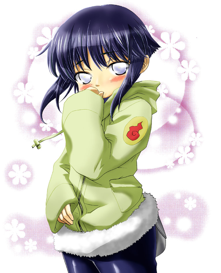 naruse, hyuuga hinata, naruto (classic), naruto (series), 1girl, blue hair, blush, covering own mouth, cowboy shot, female focus, hand to own mouth, simple background, solo, standing, white background, white eyes