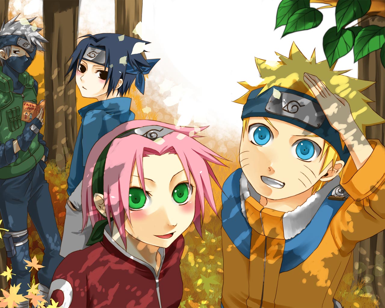 pokachi, haruno sakura, hatake kakashi, uchiha sasuke, uzumaki naruto, naruto (classic), naruto (series), uniform, 1girl, 3boys, :o, black hair, blonde hair, blouse, blue eyes, blue shirt, blush, dappled sunlight, day, facial mark, flak jacket, forest, fur trim, green eyes, jacket, long sleeves, looking at viewer, mask, mouth mask, multiple boys, nature, ninja mask, one eye covered, outdoors, parted lips, pink hair, plant, shirt, spiked hair, standing, sunlight, tree, upper body, whisker markings