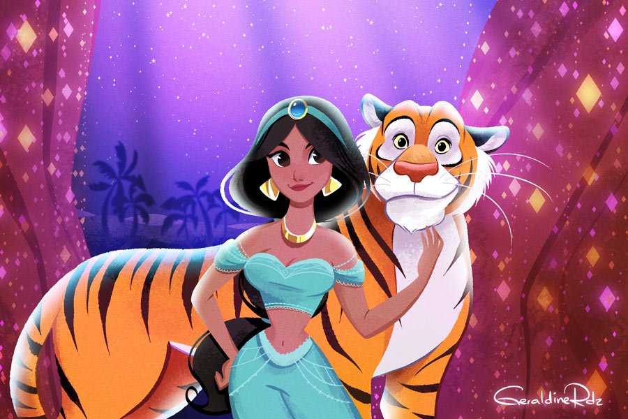 jasmine (disney), rajah (disney), aladdin (movie), commentary, 1girl, animal, aqua pants, bare shoulders, black hair, brown eyes, choker, cowboy shot, earrings, geryrdz, hand on own hip, jewelry, looking to the side, necklace, night, pants, ponytail, signature, smile, tiger, whiskers
