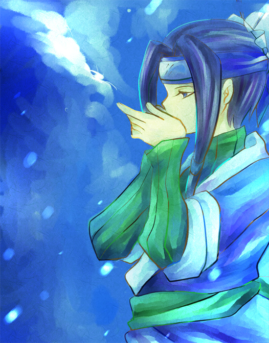 hcsb, haku (naruto), naruto (classic), naruto (series), 1boy, blush, covering own mouth, forehead protector, from side, hair bun, half-closed eyes, headband, layered sleeves, long hair, long sleeves, magic, male focus, outdoors, ponytail, sidelocks, single hair bun, snow, solo, trap, upper body