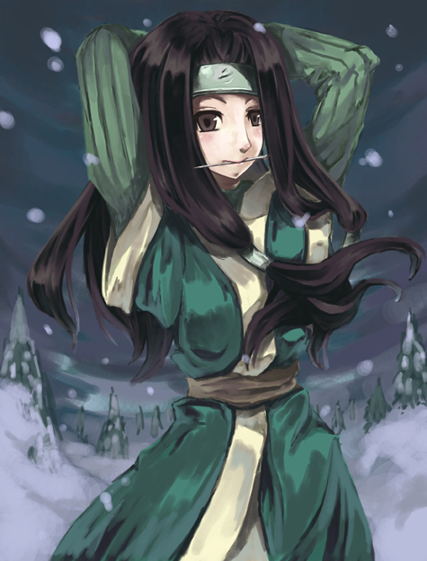 haku (naruto), naruto (classic), naruto (series), artist request, gender request, 1boy, adjusting hair, androgynous, arms behind head, black hair, brown eyes, cowboy shot, genderswap, headband, japanese clothes, kimono, layered sleeves, long hair, male focus, needle, outdoors, snow, snowing, solo, standing, trap