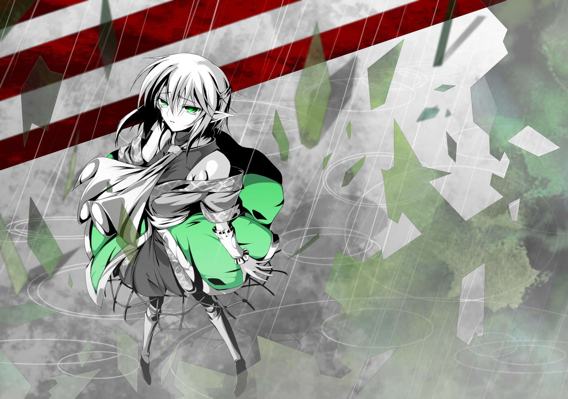 hazuki kasane, mizuhashi parsee, touhou, commentary request, highres, 1girl, arm warmers, fingernails, full body, green eyes, green theme, hair between eyes, half updo, looking at viewer, off shoulder, pointy ears, rain, ripples, scarf, shirt, shoes, short hair, short sleeves, skirt, sleeveless, sleeveless shirt, socks, solo, spell card