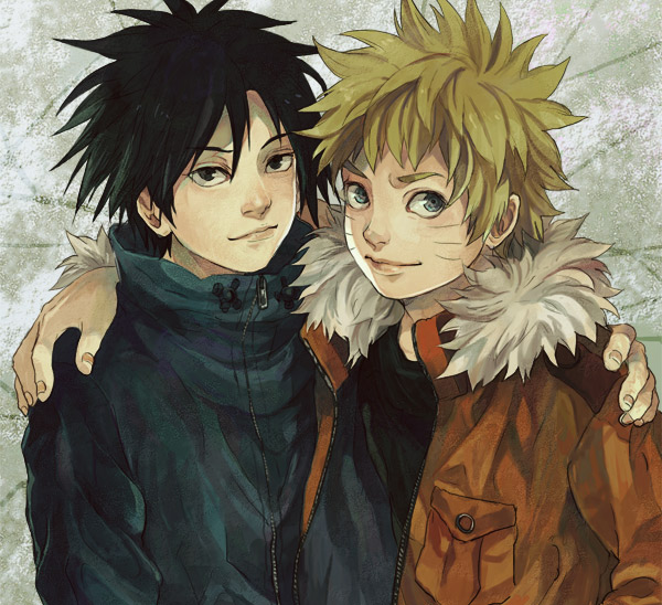 uchiha sasuke, uzumaki naruto, naruto (classic), naruto (series), artist request, bad id, bad pixiv id, 2boys, black eyes, black hair, blonde hair, blue eyes, friends, jacket, male focus, multiple boys