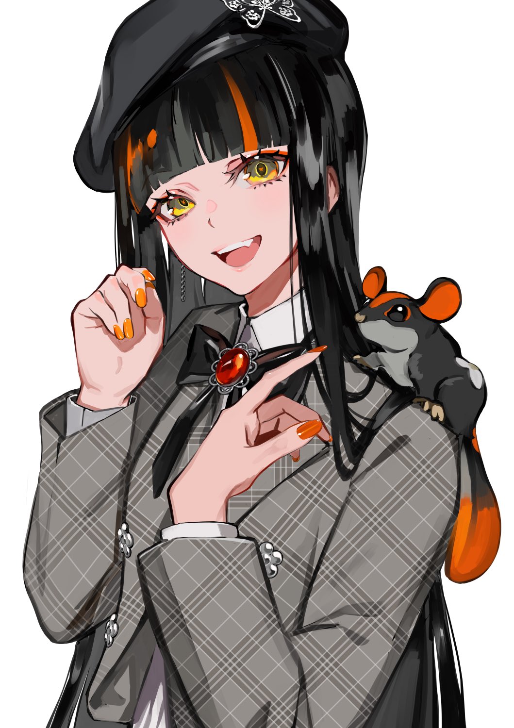 lam (ramdayo), choya hanabi, vspo!, commentary request, highres, 1girl, :d, animal, animal on shoulder, beret, black bow, black bowtie, black hair, black hat, bow, bowtie, collared shirt, fang, grey jacket, hands up, hat, jacket, looking at viewer, nail polish, official alternate costume, open clothes, open jacket, open mouth, orange nails, plaid clothes, plaid jacket, shirt, simple background, smile, solo, upper body, virtual youtuber, white background, white shirt, yellow eyes