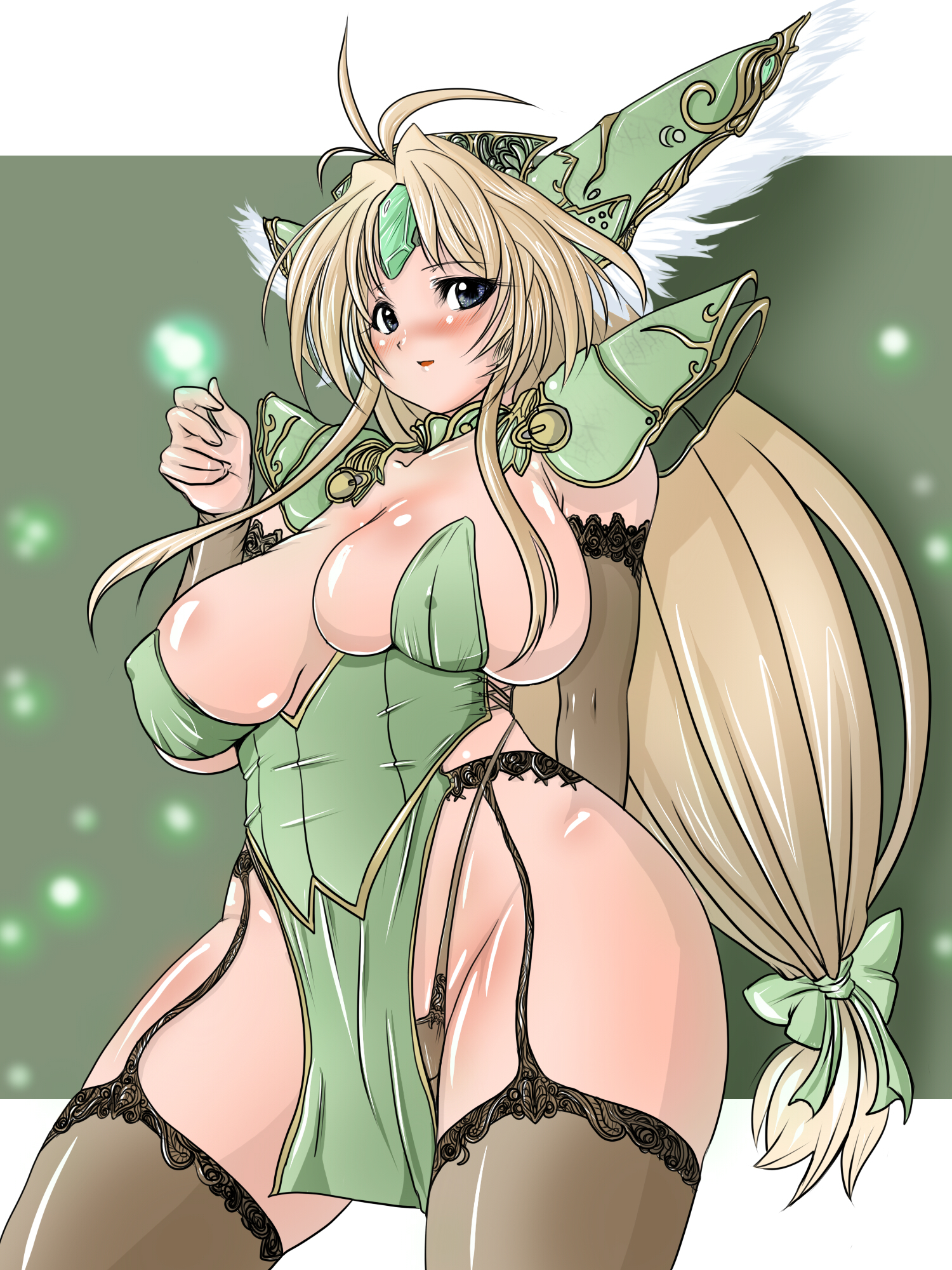 kinokoutarou, riesz, seiken densetsu, seiken densetsu 3, bad id, bad pixiv id, highres, 1girl, antenna hair, blonde hair, blue eyes, blush, breasts, elbow gloves, female focus, garter belt, gloves, huge breasts, long hair, low-tied long hair, panties, solo, thighhighs, underwear, very long hair