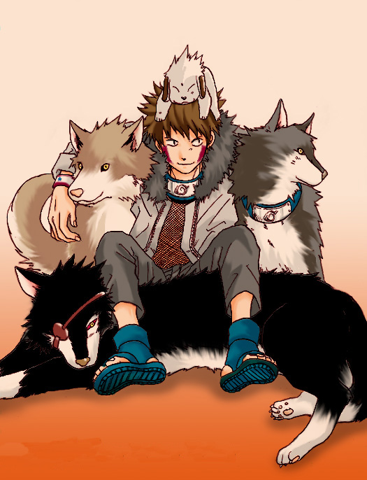 musasabi shirou, akamaru (naruto), inuzuka kiba, kuromaru (naruto), naruto (classic), naruto (series), beige background, 1boy, animal, black shirt, blouse, brown hair, closed eyes, dog, gradient background, headband, leaf, leg warmers, long sleeves, male focus, multiple dogs, ninja, shirt, simple background, sitting, solo, spiked hair, spread legs, v-shaped eyebrows