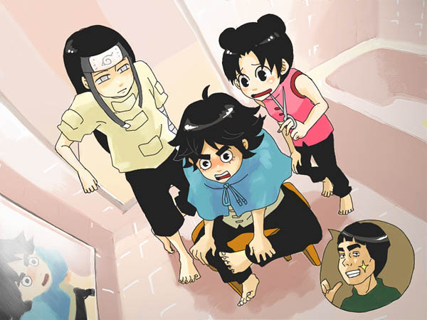 kaz (nishi kaz0112), hyuuga neji, might guy, rock lee, tenten (naruto), naruto (classic), naruto (series), 1girl, 3boys, barefoot, bath, bathroom, bdsm, black eyes, black hair, black pants, bondage, bound, chair, chinese clothes, cutting hair, double bun, forehead protector, grey eyes, hair bun, long hair, mirror, multiple boys, open mouth, pants, scissors, short hair, sitting, smile, sparkle, teeth, tile floor, tile wall, tiles