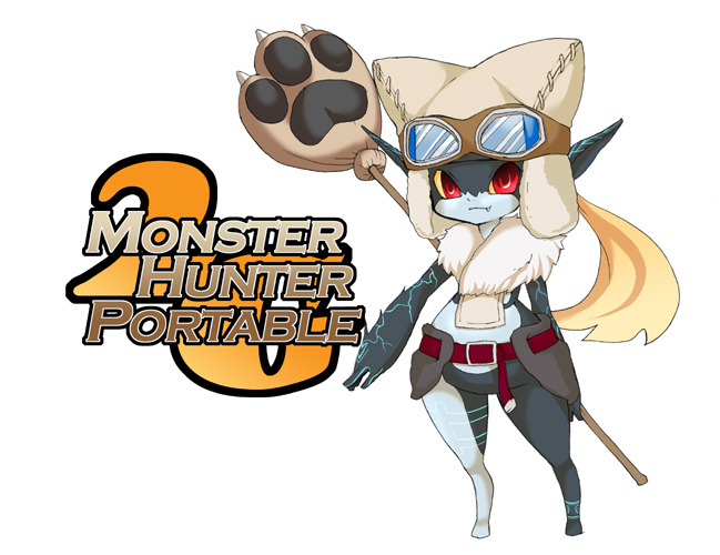 inumimi moeta, felyne, midna, capcom, monster hunter (series), monster hunter portable 2nd, nintendo, the legend of zelda, the legend of zelda: twilight princess, 1girl, animal ears, animal hat, belt, blonde hair, cat ears, colored sclera, cosplay, fang, felyne (cosplay), female focus, goggles, goggles on head, hat, long hair, mafumofu (armor), parody, paw stick, pointy ears, polearm, red eyes, solo, weapon, yellow sclera