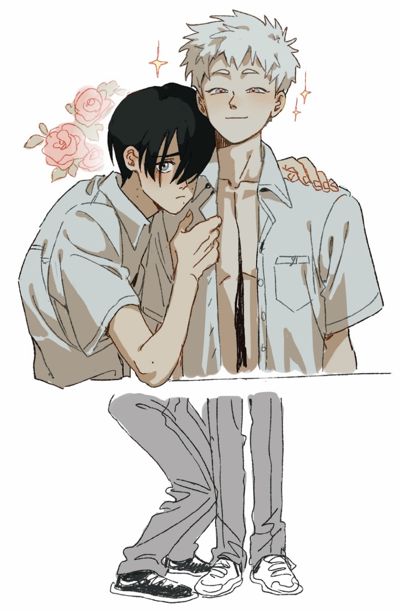 iria arts, indou hikaru, tsujinaka yoshiki, hikaru ga shinda natsu, highres, 2boys, black hair, closed mouth, collarbone, collared shirt, deep wound, flower, height difference, injury, male focus, mole, mole on cheek, mole on neck, mole under eye, mole under mouth, multiple boys, multiple moles, open clothes, open shirt, pocket, shirt, short hair, sparkle, white hair, white shirt