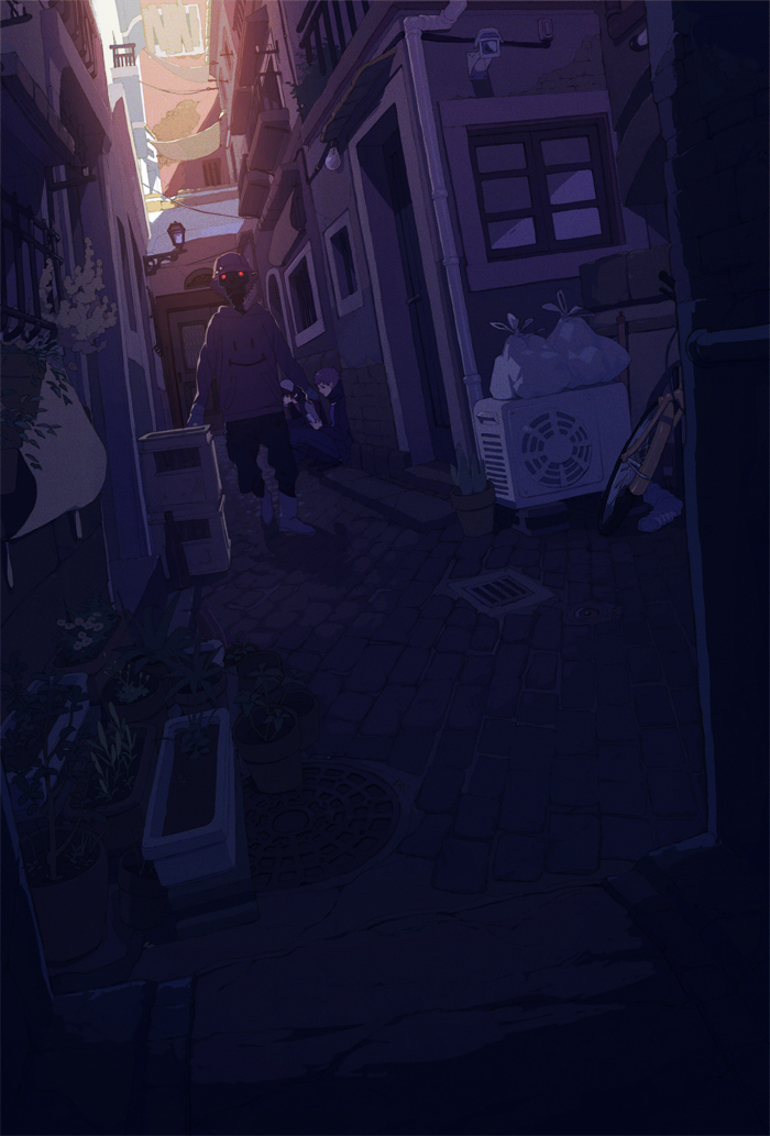 honya lala, bad id, bad pixiv id, 3boys, alley, dark, male focus, multiple boys, red eyes, robot, urban