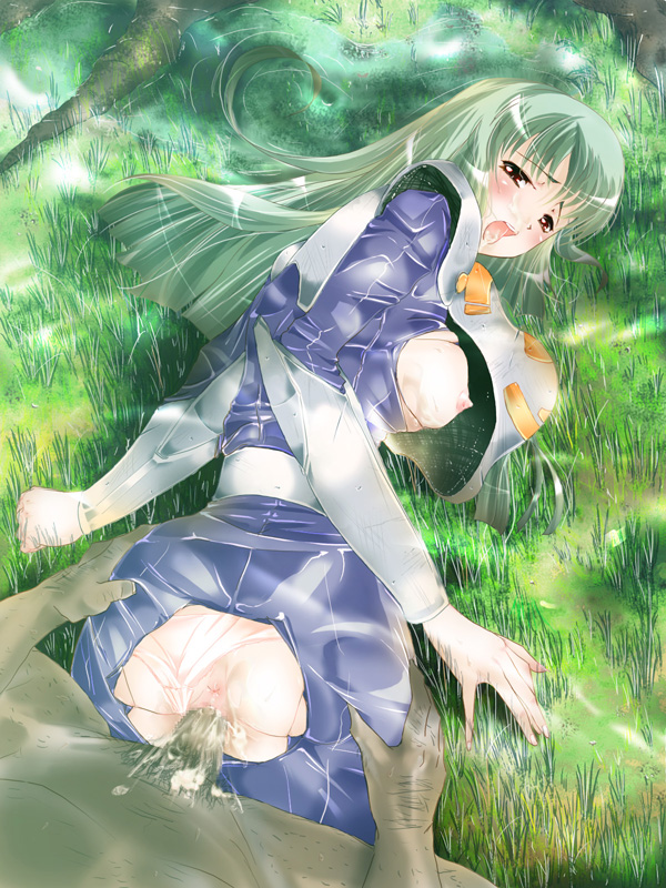 morihama karute, ciela lapana, seisenshi dunbine, 1980s (style), 1boy, 1girl, anus, ass, breasts, censored, covered erect nipples, doggystyle, from behind, green hair, hetero, large breasts, long hair, mosaic censoring, nature, nipples, open mouth, outdoors, panties, penis, pink panties, rape, retro artstyle, screaming, sex, sex from behind, solo focus, tears, underwear, vaginal