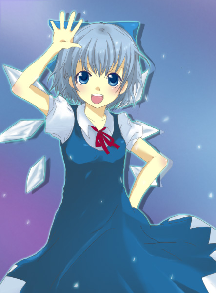 sorase, cirno, embodiment of scarlet devil, touhou, bad id, bad pixiv id, 1girl, blue hair, bow, dress, female focus, gradient background, hair bow, short hair, solo, wings