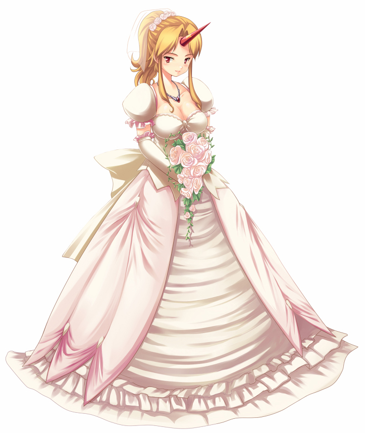 tdk, hoshiguma yuugi, touhou, 1girl, blonde hair, bouquet, breasts, bride, dress, elbow gloves, female focus, flower, gloves, horns, jewelry, necklace, oni, red eyes, simple background, single horn, solo, wedding dress