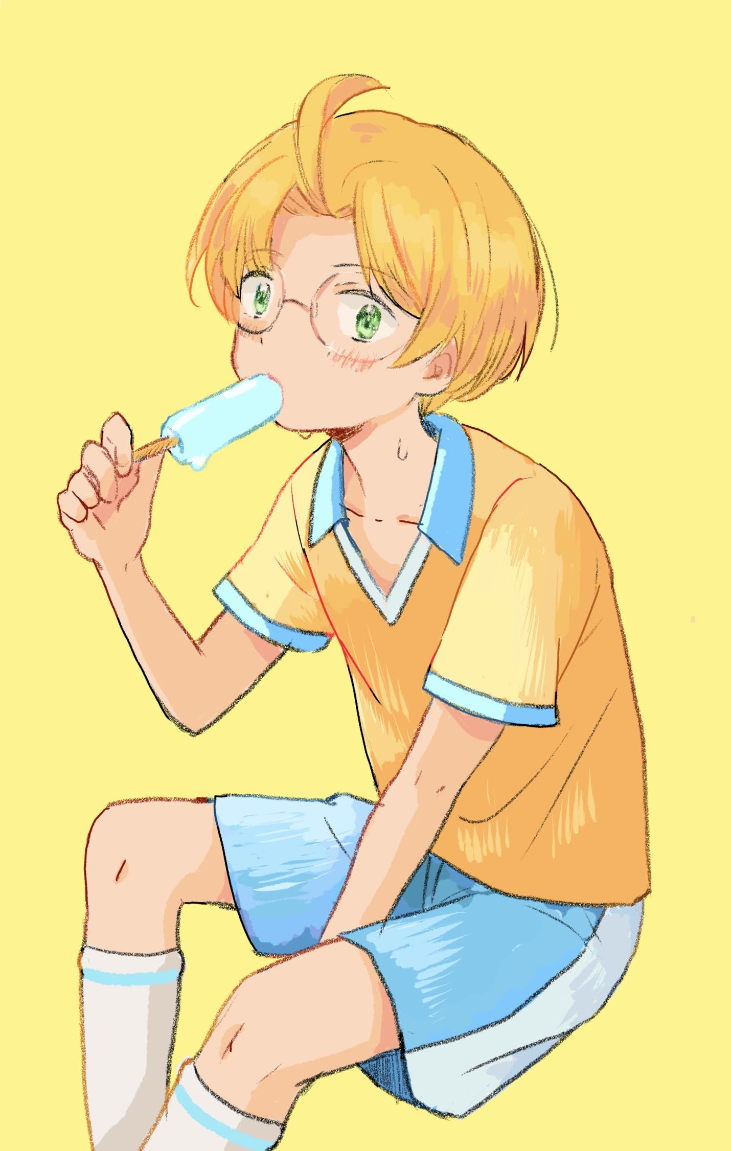 irohauta, jinnai enta, sarazanmai, commentary request, highres, 1boy, ahoge, blue shorts, blush, brown hair, collarbone, food, food in mouth, glasses, green eyes, invisible chair, looking at viewer, male focus, popsicle, round eyewear, short hair, shorts, simple background, sitting, soccer uniform, socks, solo, sportswear, white socks, yellow background