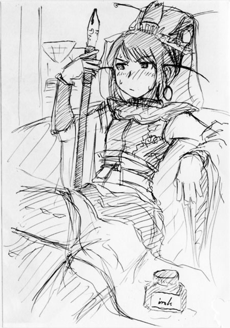 anri (pixiv47379), pikapoo, anri, ogiue chika, oui, oui (character), genshiken, sangokushi taisen, bad id, bad pixiv id, 1girl, arm support, armor, armpits, blush, china dress, chinese clothes, cosplay, couch, detached sleeves, dress, earrings, female focus, flat chest, greyscale, hair ornament, headdress, hoop earrings, ink, jewelry, monochrome, oui (cosplay), pen, ribbon, sitting, sketch, solo, sweat, thighhighs, zettai ryouiki