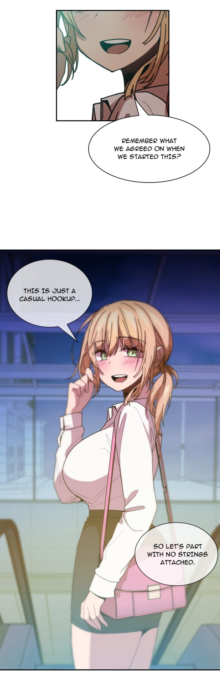 pornhwa, webtoon, artist request, character request, colorized, cropped, highres, long image, official art, translated, 1girl, after ejaculation, after fellatio, after vaginal, aftersex, bag, black skirt, blonde hair, blush, breasts, cheating (relationship), collared shirt, dot nose, english text, female focus, green eyes, large breasts, legs, long sleeves, looking at viewer, looking back, medium hair, miniskirt, office lady, open mouth, pencil skirt, pink bag, playing with own hair, ponytail, sexually suggestive, shirt, shirt tucked in, shoulder bag, skirt, solo, solo focus, speech bubble, teeth, thighs, tight skirt, upper teeth only, white shirt