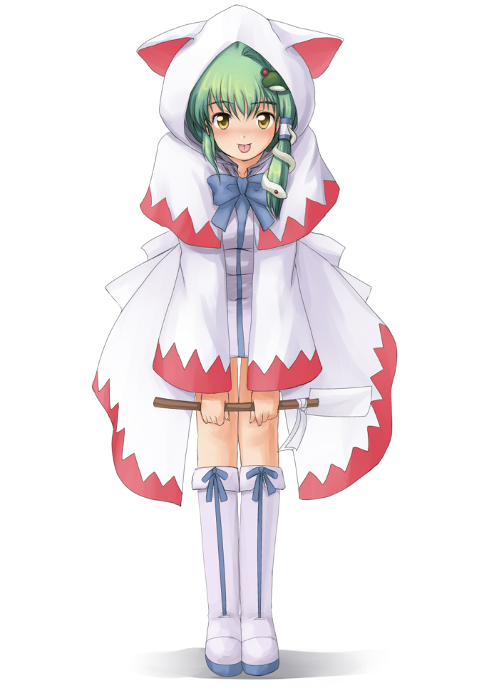 tdk, devout, kochiya sanae, seer, white mage (final fantasy), final fantasy, final fantasy iii, touhou, 1990s (style), 1girl, :p, animal hood, bent over, boots, bow, cat hood, female focus, frog, green hair, hair ornament, hair tubes, hood, hooded jacket, jacket, leaning forward, retro artstyle, simple background, snake, solo, tongue, tongue out, yellow eyes
