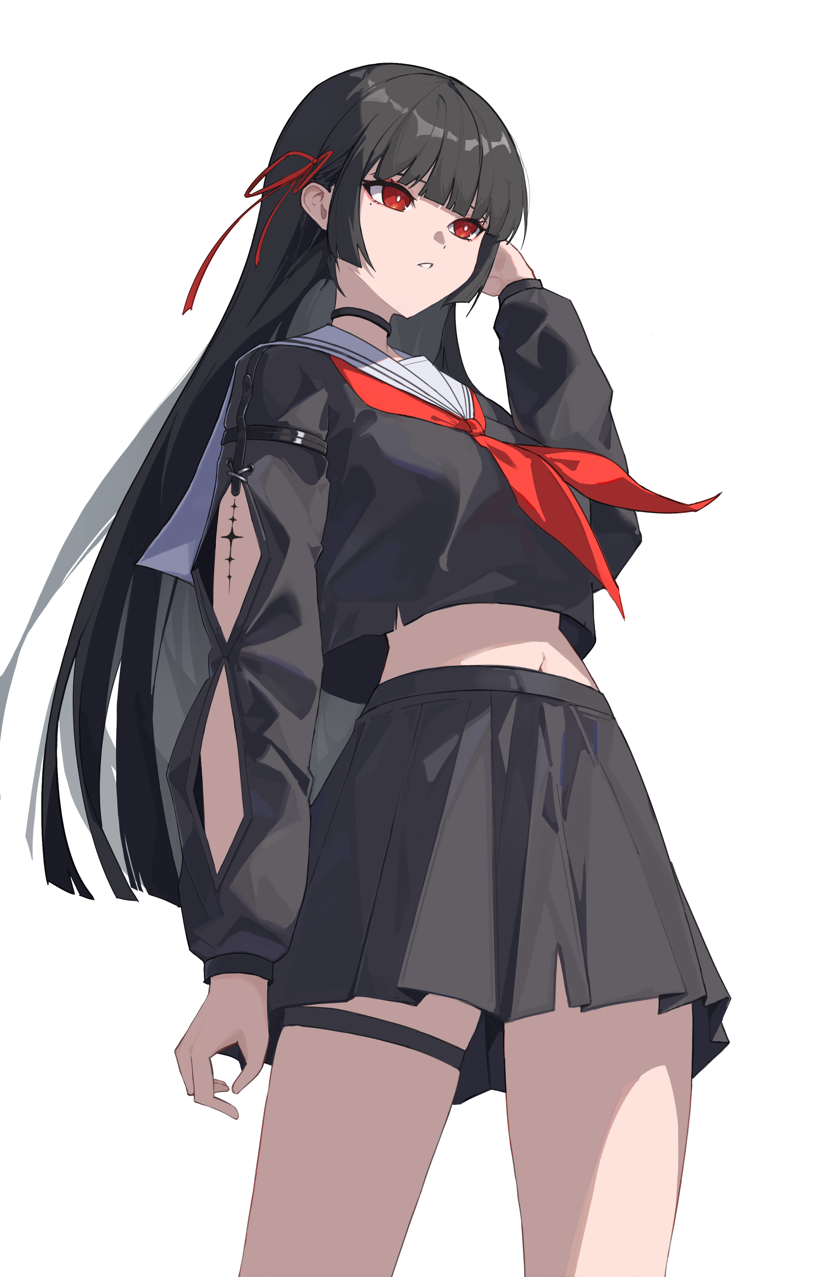 shadowtapir, chisa (wuthering waves), wuthering waves, absurdres, highres, 1girl, arm cutout, black choker, black hair, black shirt, black skirt, choker, clothing cutout, hair ribbon, long hair, looking at viewer, navel, red eyes, red ribbon, ribbon, sailor collar, school uniform, serafuku, shirt, skirt, solo, white sailor collar