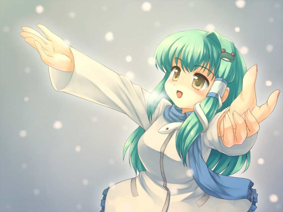 tdk, kochiya sanae, touhou, 1girl, female focus, foreshortening, gradient background, green hair, happy, long hair, outdoors, scarf, snake, snow, solo, standing, yellow eyes