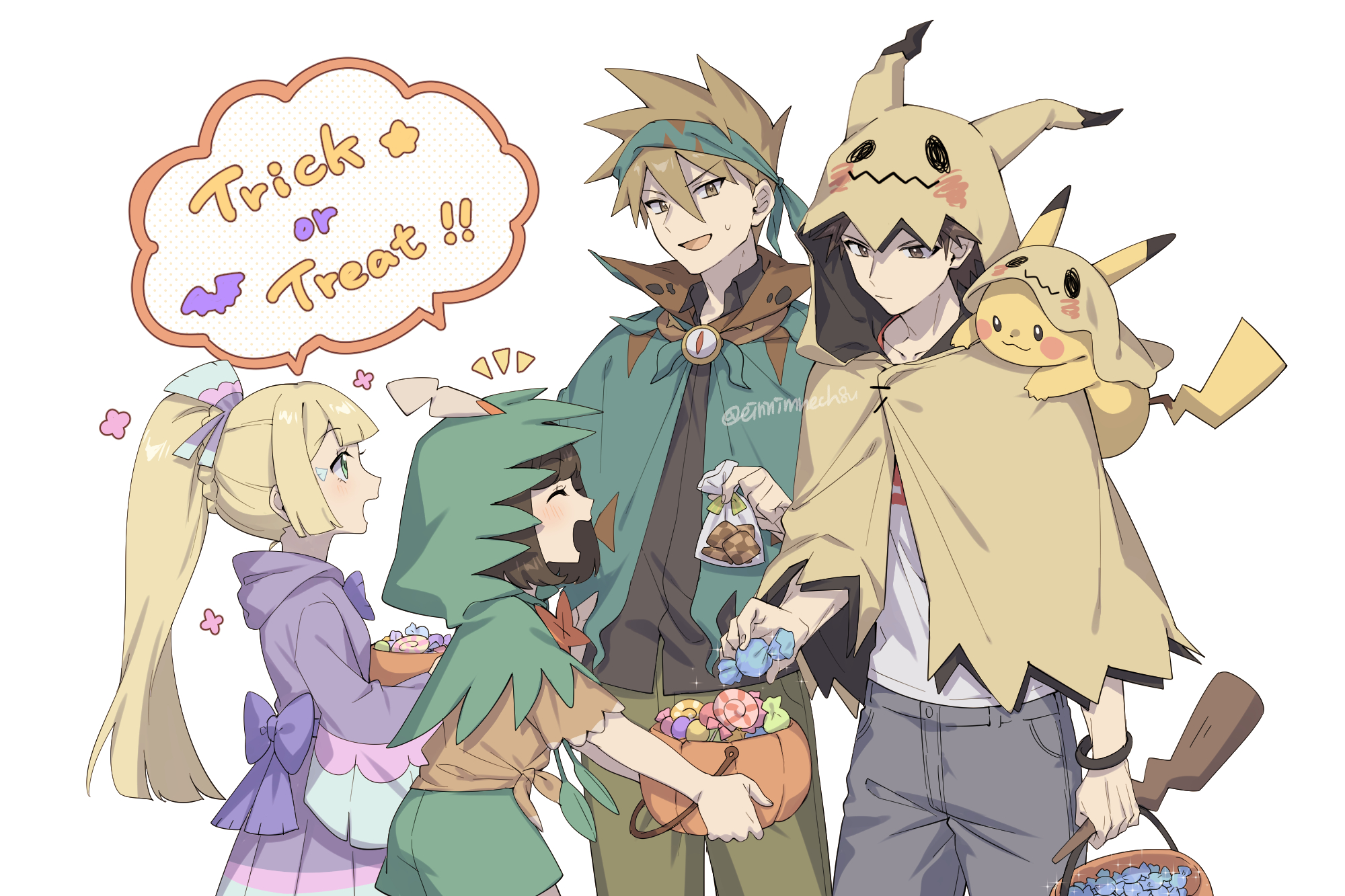 88 (einnimnech), blue oak, decidueye, dhelmise, lillie (pokemon), mimikyu, oricorio, oricorio (sensu), pikachu, red (pokemon), selene (pokemon), nintendo, pokemon, pokemon sm, highres, 2boys, 2girls, black hair, black shirt, blonde hair, blunt bangs, braid, breasts, brown eyes, brown hair, brown pants, brown shirt, candy, cloak, closed eyes, closed mouth, cosplay, decidueye (cosplay), dhelmise (cosplay), english text, food, gen 1 pokemon, gen 7 pokemon, green eyes, green headband, green shorts, halloween, halloween bucket, halloween costume, headband, holding, holding candy, holding food, hood, hood down, hood up, hooded cloak, hoodie, long hair, mimikyu (cosplay), multiple boys, multiple girls, on shoulder, open mouth, oricorio (cosplay), pants, pokemon (creature), pokemon on shoulder, ponytail, ponytail with braided base, purple hoodie, shirt, short hair, shorts, smile, speech bubble, spiked hair, white shirt