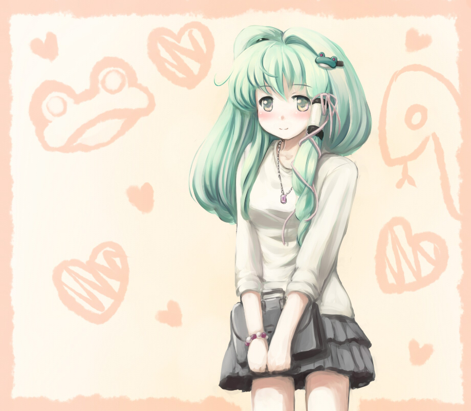 tdk, kochiya sanae, touhou, 1girl, bag, female focus, green hair, jewelry, necklace, skirt, solo