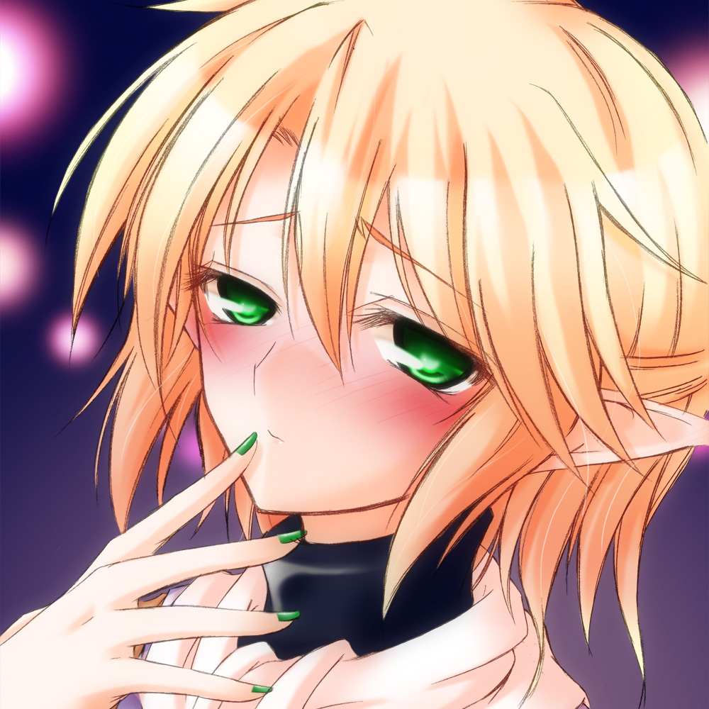 hazuki kasane, mizuhashi parsee, touhou, commentary request, 1girl, blonde hair, blush, fingernails, green eyes, green nails, hair between eyes, half updo, looking at viewer, pointy ears, portrait, purple background, scarf, short hair, solo, white scarf