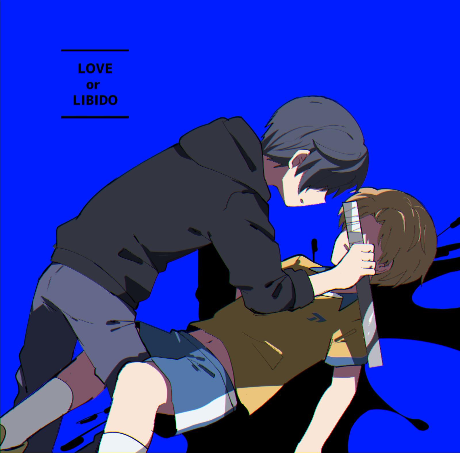 jinnai enta, kuji toi, sarazanmai, highres, 2boys, black hair, black jacket, blue background, blue shorts, english text, grey pants, hood, hood down, jacket, male focus, midriff peek, multiple boys, okome hanken, pants, parted lips, ruler, shirt, short hair, shorts, soccer uniform, splatter, sportswear, yaoi, yellow shirt
