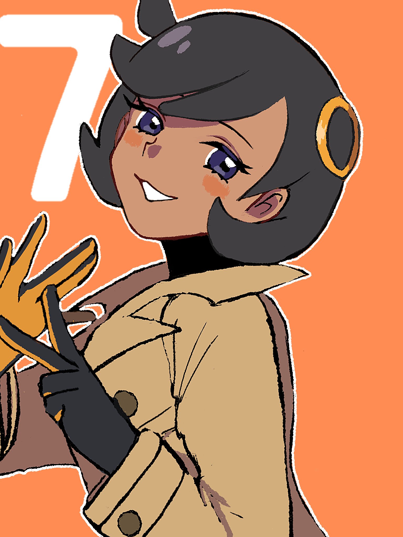 emma (pokemon), nintendo, pokemon, pokemon legends: z-a, highres, 1girl, black bodysuit, black hair, bob cut, bodysuit, bodysuit under clothes, brown jacket, countdown, dark-skinned female, dark skin, grin, half-closed eyes, jacket, kusakabe maru, purple eyes, short hair, smile, solo, swept bangs, v