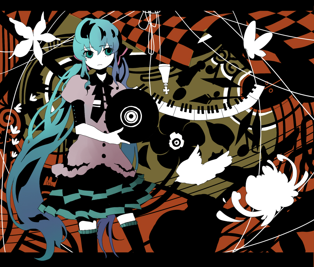 hashimochi, hatsune miku, vocaloid, aqua hair, flat color, gradient hair, long hair, multicolored hair, skirt, solo, thighhighs, twintails, very long hair, zettai ryouiki