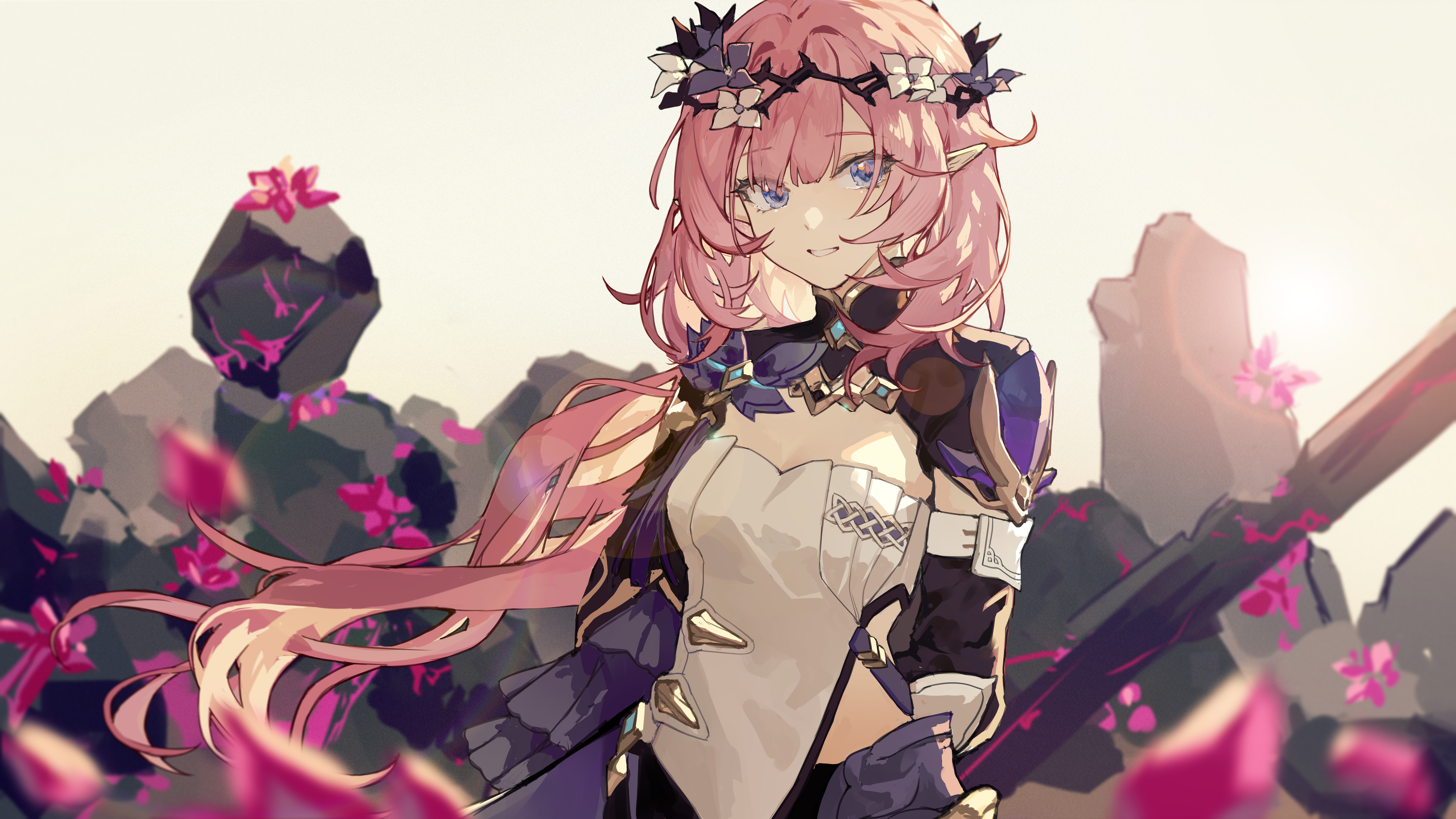 qqqne, elysia (honkai impact), elysia (miss pink elf) (honkai impact), honkai (series), honkai impact 3rd, absurdres, highres, 1girl, :d, blue eyes, crystal, elf, grin, long hair, long sleeves, looking at viewer, open mouth, pink hair, pointy ears, rock, signature, smile, solo, teeth, wreath, yellow background