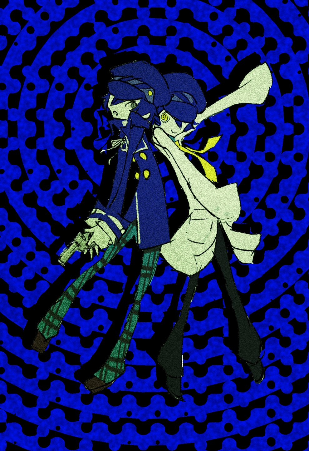 shadow (persona), shadow naoto, shirogane naoto, persona, persona 4, commentary request, highres, korean commentary, 2girls, arm up, back-to-back, black pants, blue background, blue hair, blue hat, blue jacket, c'mon. make dopamine, closed mouth, drop shadow, full body, green pants, grey eyes, gun, handgun, hat, holding, holding gun, holding weapon, jacket, lab coat, long sleeves, looking at another, multiple girls, necktie, newsboy cap, open mouth, pants, patterned background, revolver, simple background, smile, standing, weapon, yellow eyes, yellow necktie