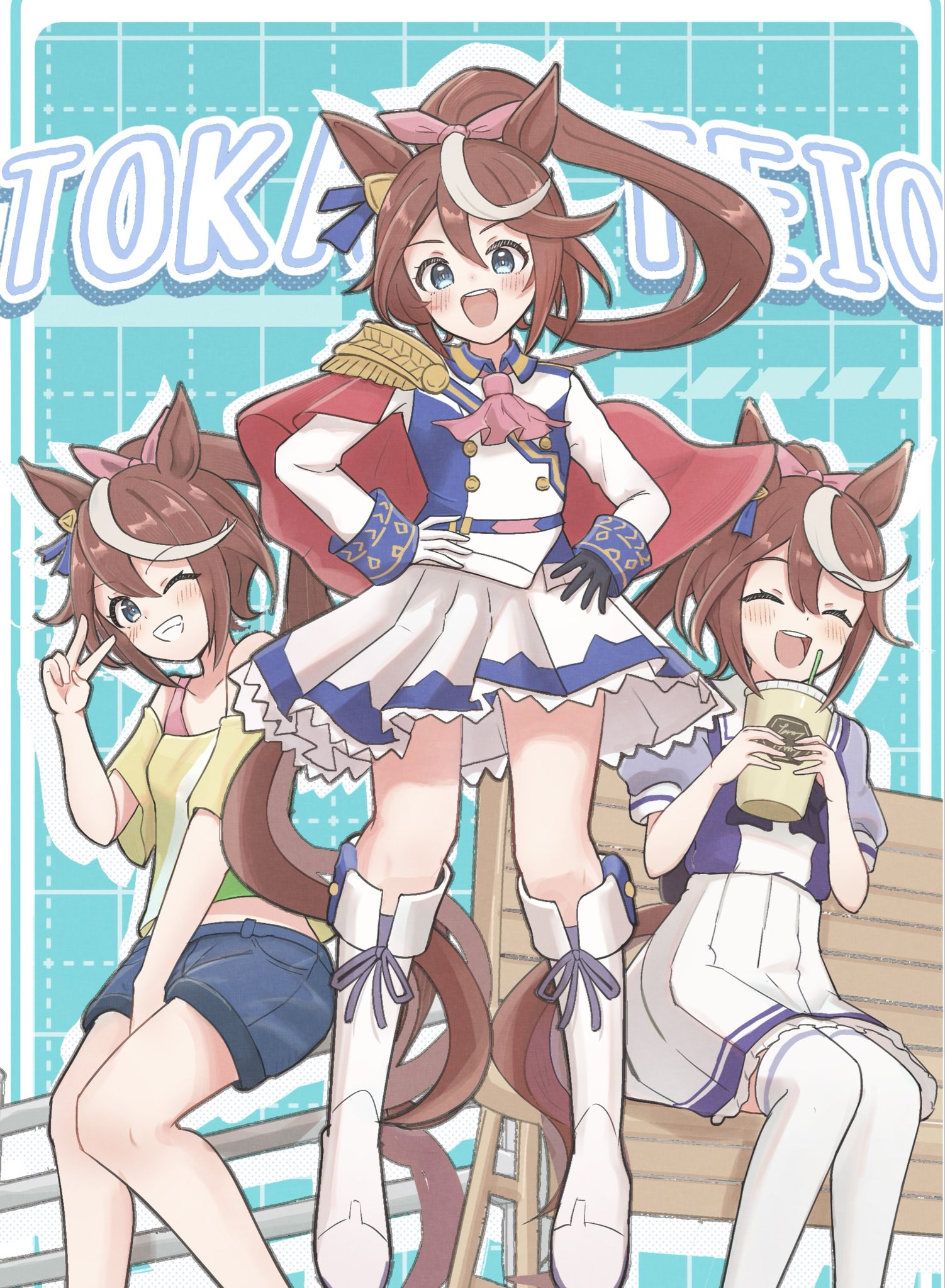 sunanuko (ramuneko), tokai teio (casual) (umamusume), tokai teio (peak joy) (umamusume), tokai teio (umamusume), umamusume, highres, 1girl, animal ears, ascot, asymmetrical gloves, bare shoulders, bench, black gloves, blue eyes, blue shorts, blush, boots, bow, brown hair, buttons, cape, closed eyes, cup, denim, disposable cup, double-breasted, drinking straw, ear bow, ear ornament, ear ribbon, epaulettes, gloves, grin, hair between eyes, high ponytail, holding, holding cup, horse ears, horse girl, horse tail, jacket, knee boots, long hair, long sleeves, looking at viewer, midriff, mismatched gloves, multicolored hair, multicolored jacket, off-shoulder shirt, off shoulder, one eye closed, open mouth, pink ascot, pink sports bra, ponytail, puffy short sleeves, puffy sleeves, purple bow, purple shirt, red cape, sailor collar, sailor shirt, school uniform, shirt, short sleeves, shorts, single epaulette, sitting, skirt, smile, sports bra, streaked hair, striped clothes, striped shirt, tail, teeth, thighhighs, tracen school uniform, two-tone hair, two-tone jacket, two-tone skirt, upper teeth only, v, white boots, white gloves, white hair, white jacket, white sailor collar, white skirt, white thighhighs, yellow shirt, zettai ryouiki