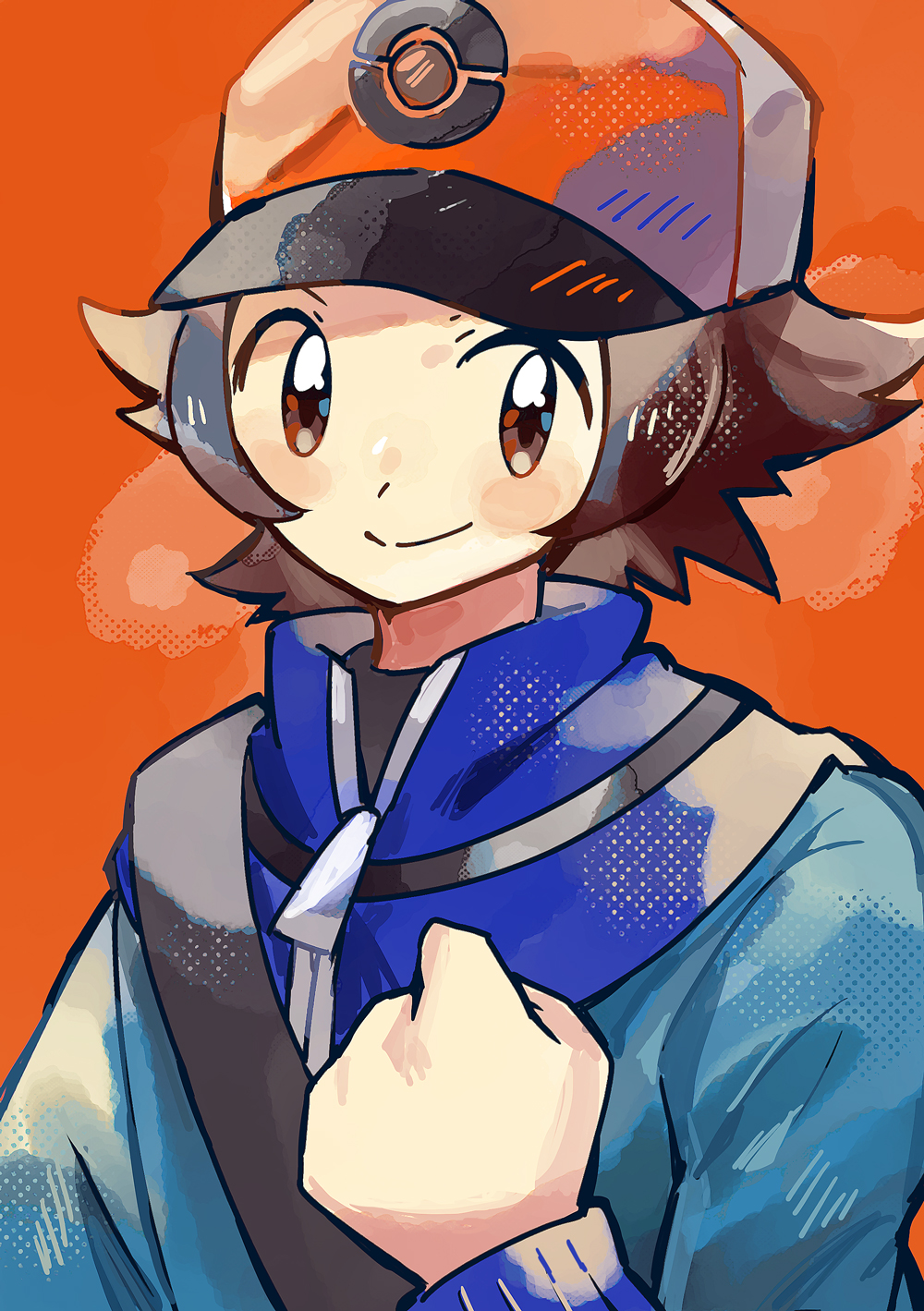 anidler91, hilbert (pokemon), nintendo, pokemon, pokemon bw, highres, 1boy, baseball cap, black shirt, blue jacket, blush, brown eyes, brown hair, closed mouth, hat, jacket, long sleeves, looking at viewer, male focus, poke ball print, shirt, short hair, simple background, smile, solo, upper body, zipper pull tab