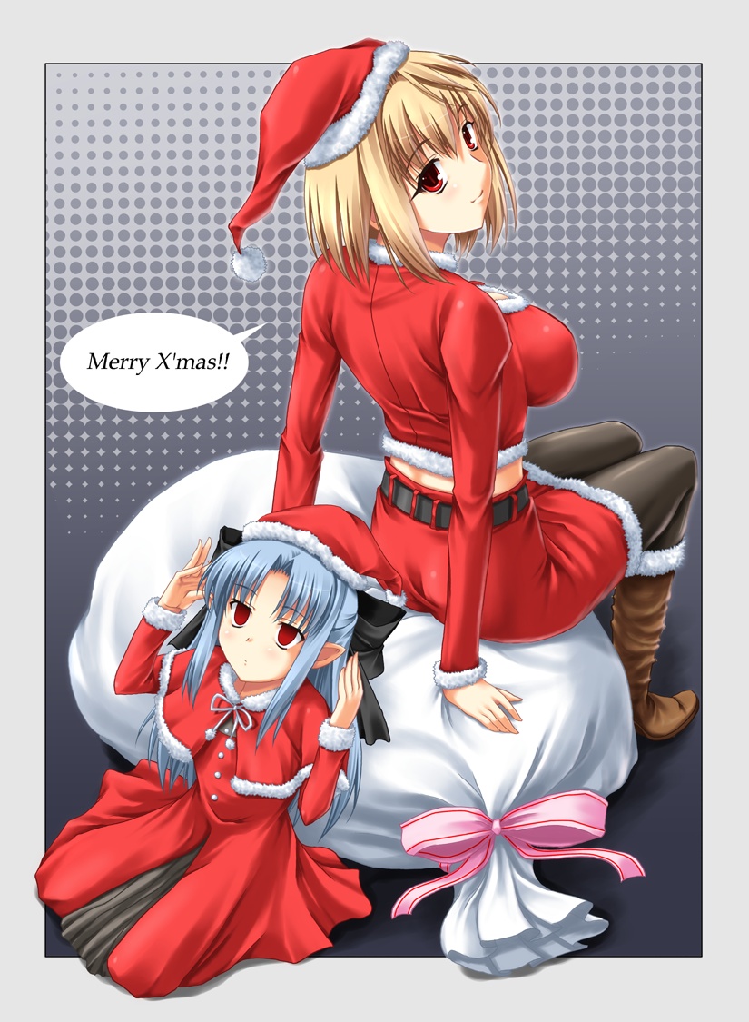 miyai sen, arcueid brunestud, len (tsukihime), melty blood, tsukihime, type-moon, 00s, blonde hair, blue hair, boots, breasts, christmas, large breasts, pantyhose, pointy ears, red eyes, santa costume