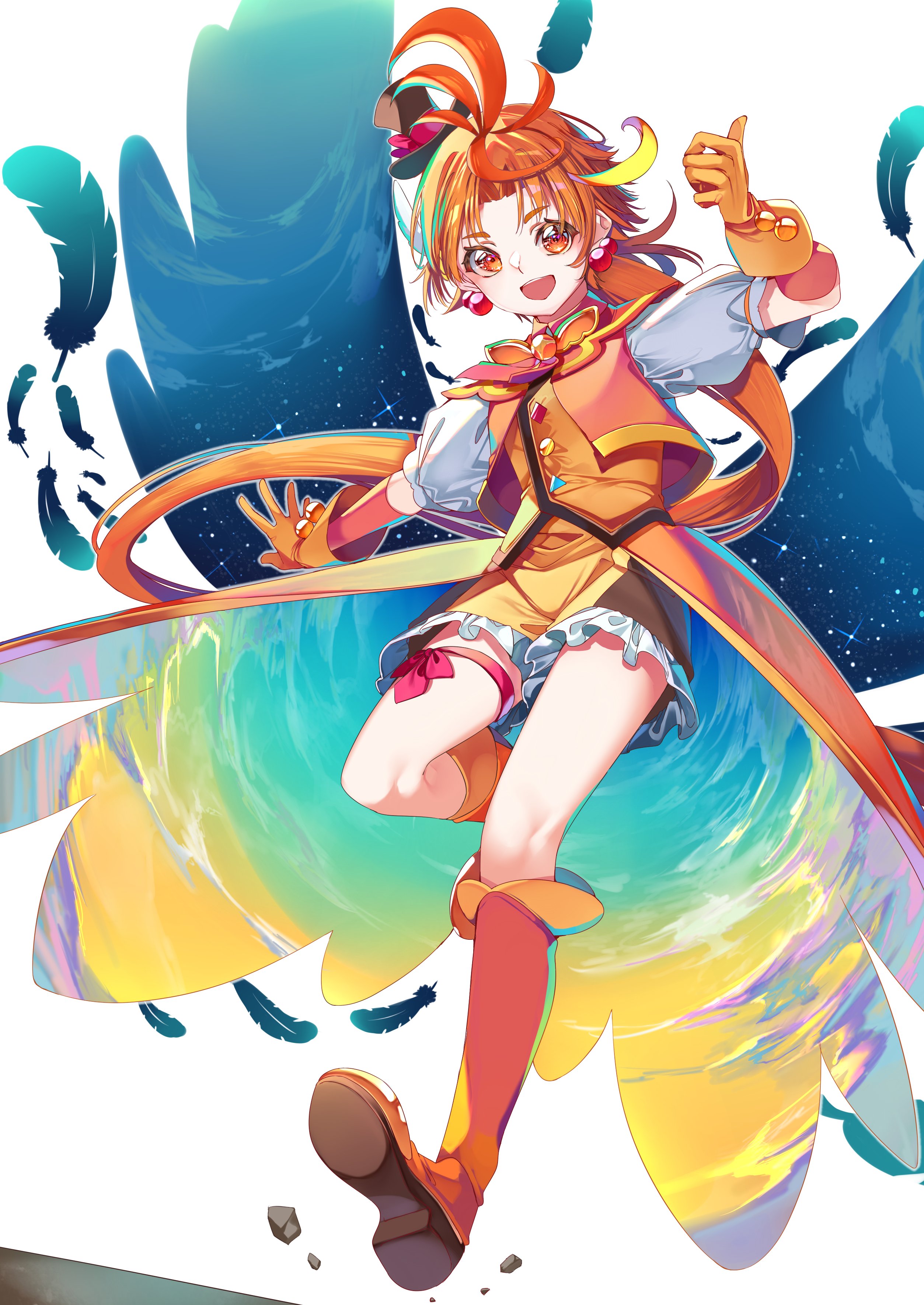 yuutarou (fukiiincho), cure wing, yuunagi tsubasa, hirogaru sky! precure, precure, absurdres, commentary request, highres, revision, 1boy, black hat, blue hair, boots, brooch, coattails, earrings, feather hair ornament, feathers, frilled shorts, frills, gloves, hair ornament, hat, jacket, jewelry, knee boots, layered gloves, leg ribbon, leg up, long hair, magical boy, male focus, mini hat, mini top hat, orange boots, orange gloves, orange hair, orange jacket, orange shirt, orange shorts, parted bangs, ponytail, puffy short sleeves, puffy sleeves, red eyes, ribbon, shirt, short sleeves, shorts, solo, top hat, very long hair, wing brooch