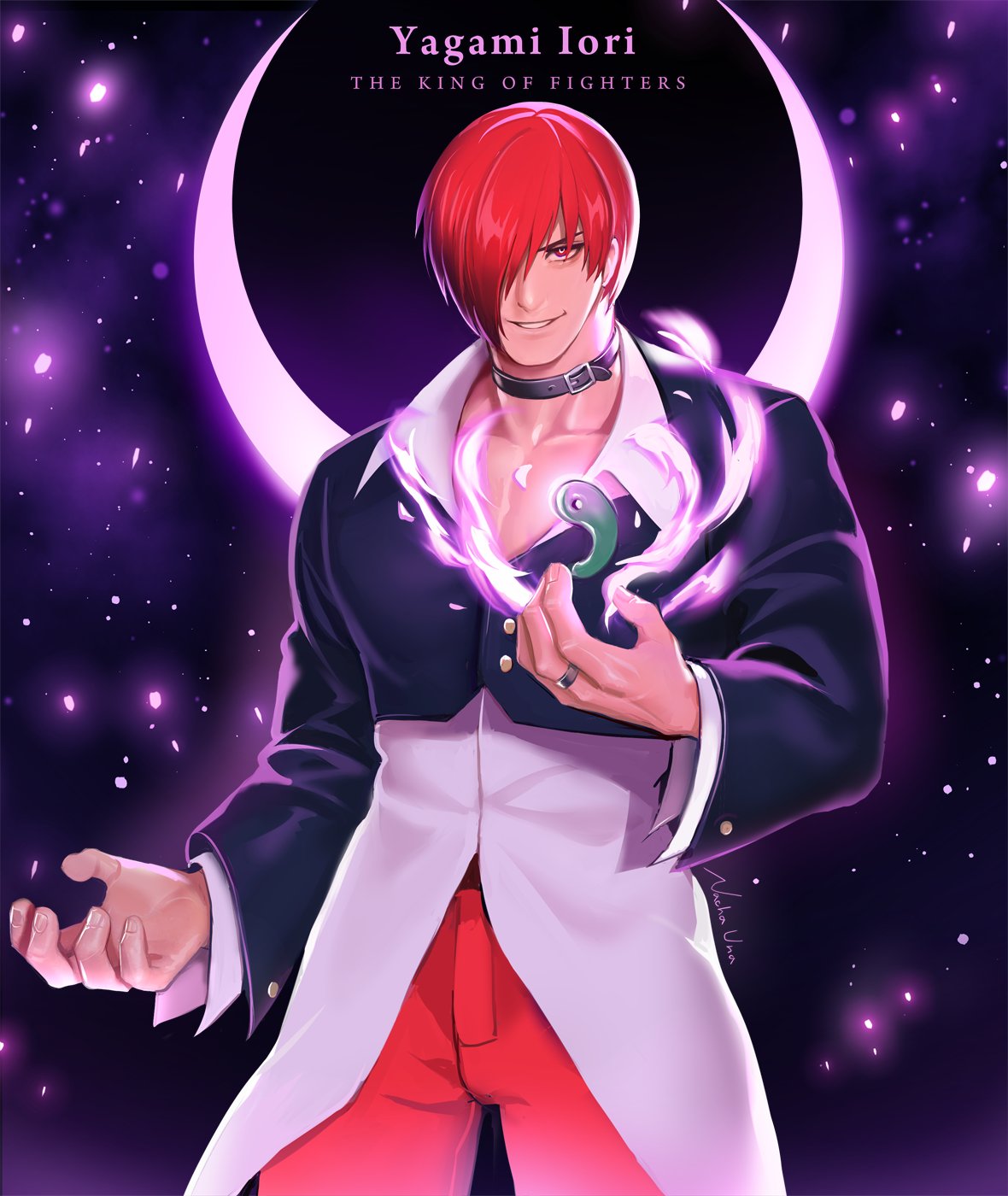 nacha una, yagami iori, the king of fighters, highres, 1boy, black jacket, character name, choker, collared shirt, copyright name, crescent, cropped jacket, embers, fire, grin, hair over one eye, jacket, jewelry, looking at viewer, male focus, pants, pectoral cleavage, pectorals, purple fire, pyrokinesis, red eyes, red hair, red pants, ring, shirt, short hair, smile, solo, untucked shirt, white shirt