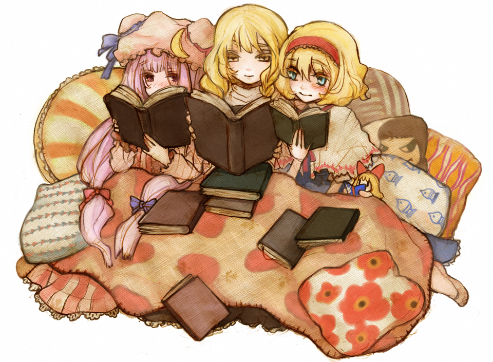 ruto (petatann), alice margatroid, kirisame marisa, patchouli knowledge, shanghai doll, touhou, bad id, bad pixiv id, 3girls, barefoot, bed, book, doll, female focus, multiple girls, open book, reading
