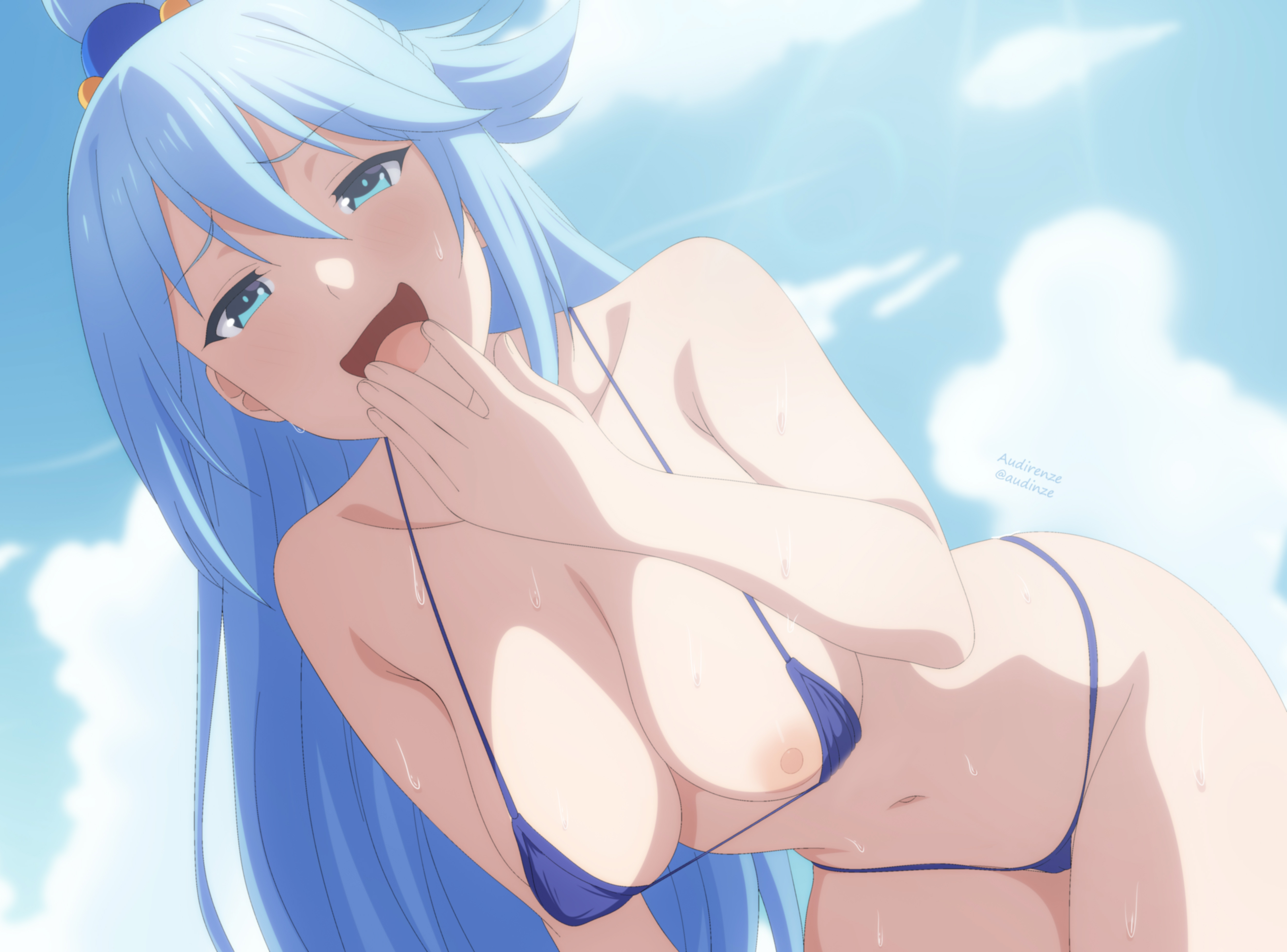 audirenze, aqua (konosuba), kono subarashii sekai ni shukufuku wo!, absurdres, highres, 1girl, bent over, bikini, blue eyes, blue hair, blue sky, breasts, doyagao, hair ornament, hand to own mouth, long hair, looking at viewer, micro bikini, navel, nipples, sky, smile, smug, solo, swimsuit
